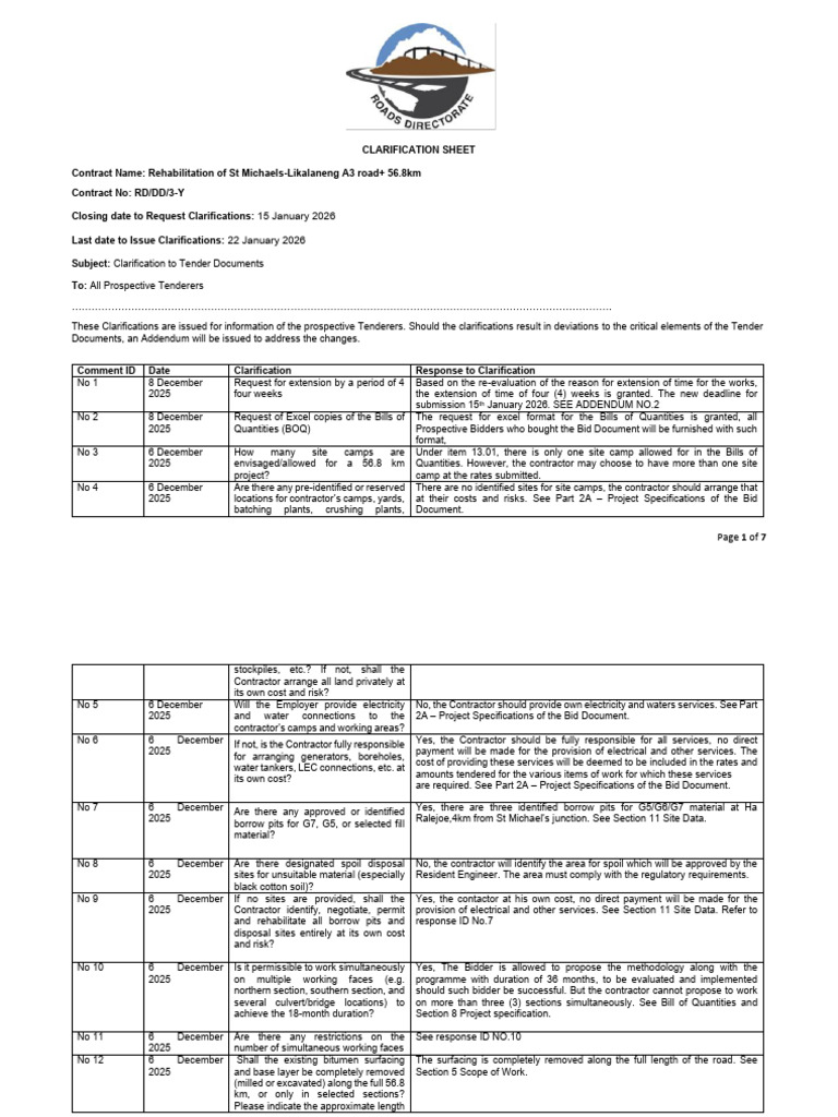 Clarifications for St Michaels-Likalaneng Road Tender | PDF | Road