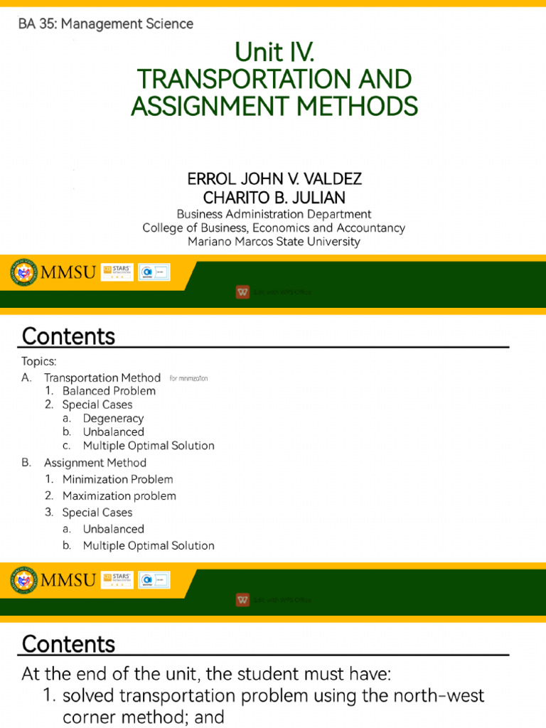 BA 35 Unit IV Transportation Method 3 | PDF