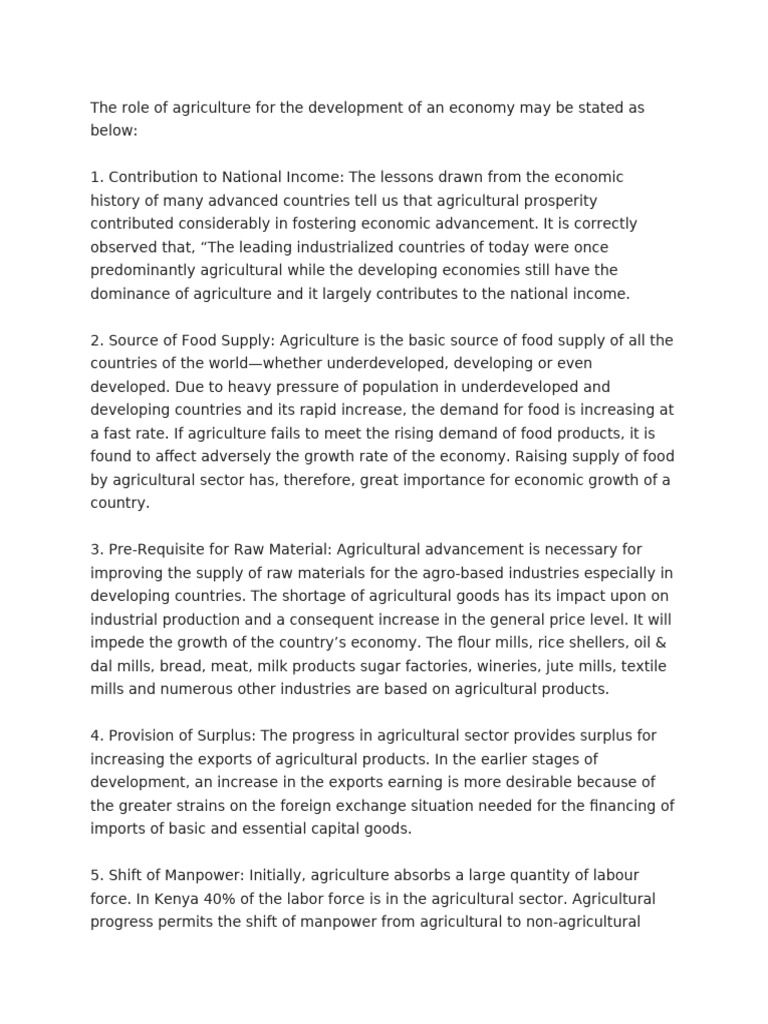 The Role of Agriculture For The Development of An Economy May Be Stated ...
