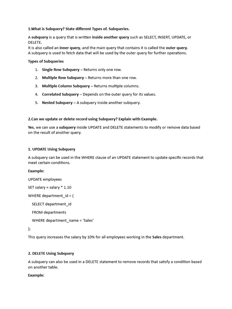 Types and Uses of SQL Subqueries | PDF