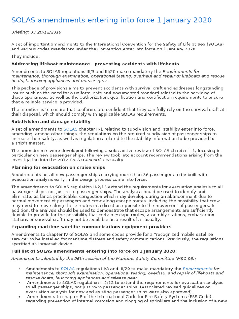 SOLAS 2020 Amendments Overview | PDF | Shipping | Water Transport