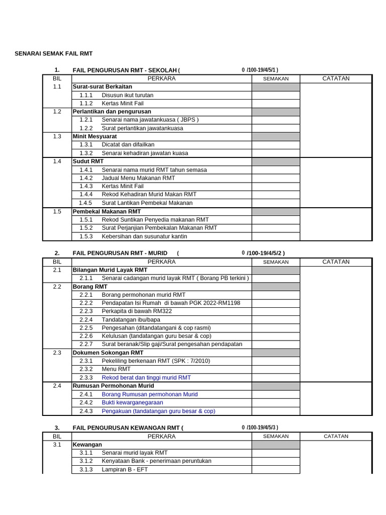 Senarai Semak Fail RMT | PDF