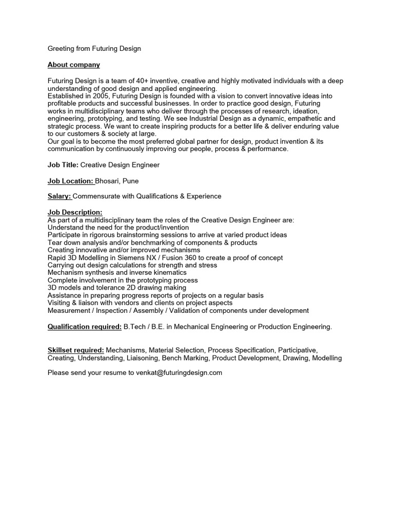 Creative Design Engineer Job at Futuring Design | PDF