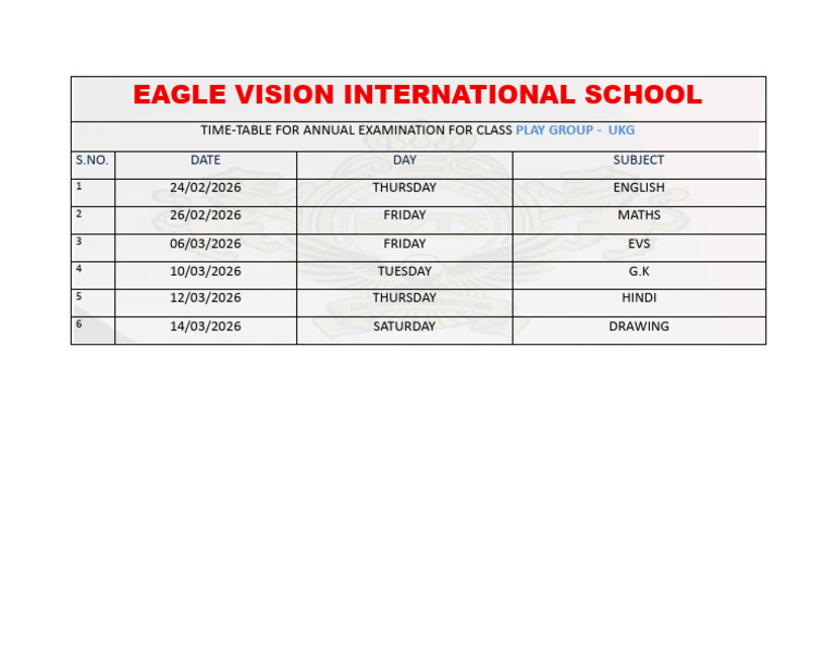 EAGLE VISION UKG Exam Timetable 2026 | PDF
