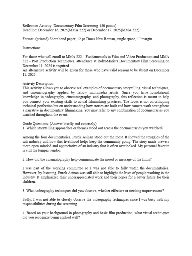 Documentary Film Reflection Activity | PDF | Documentary Film ...