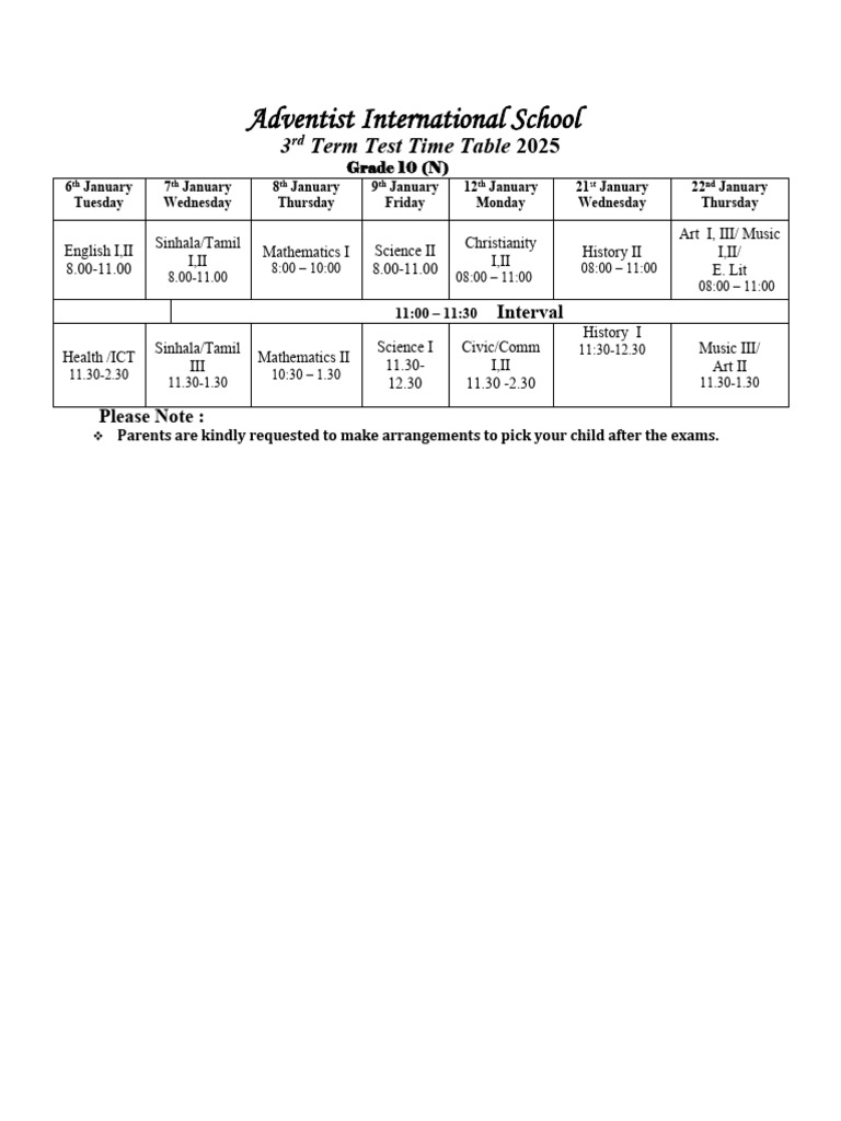 Grade 10 2025 Test Schedule | PDF