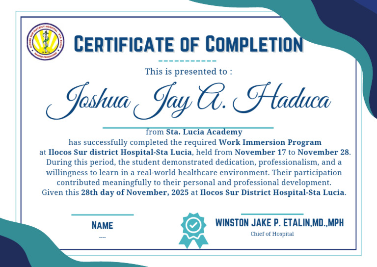 Work Immersion Completion Certificate | PDF