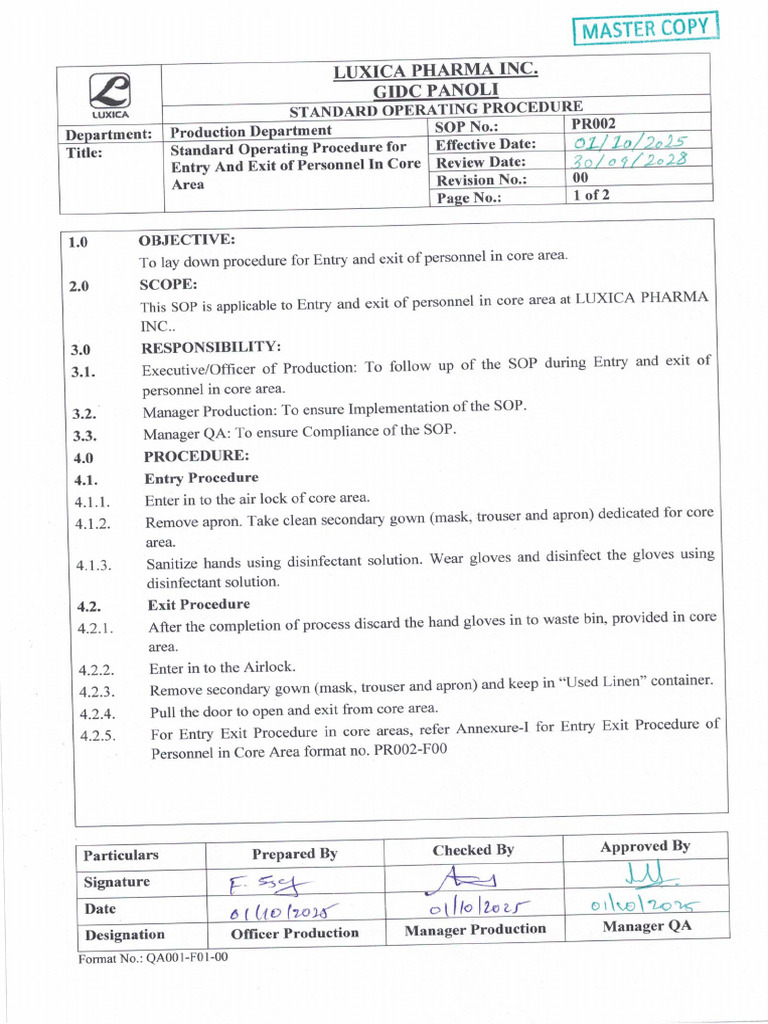 PR 02 Sop For Entry and Exit of Personnel in Core Area - 0 | PDF