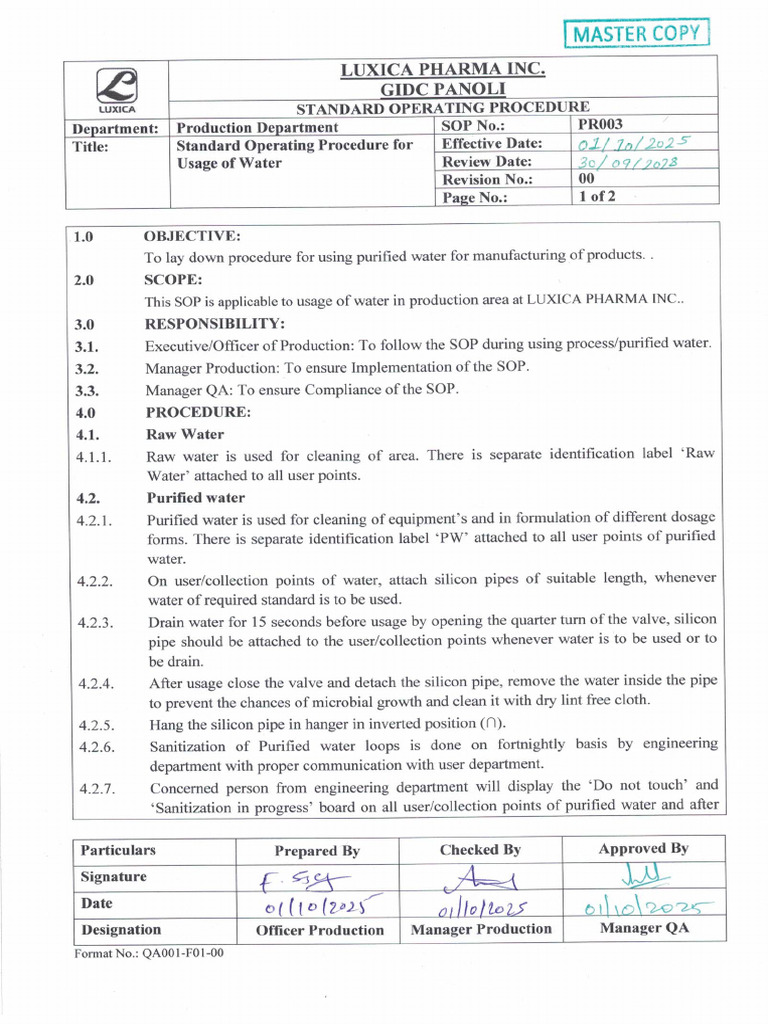 PR 03 Sop For Usage of Water | PDF