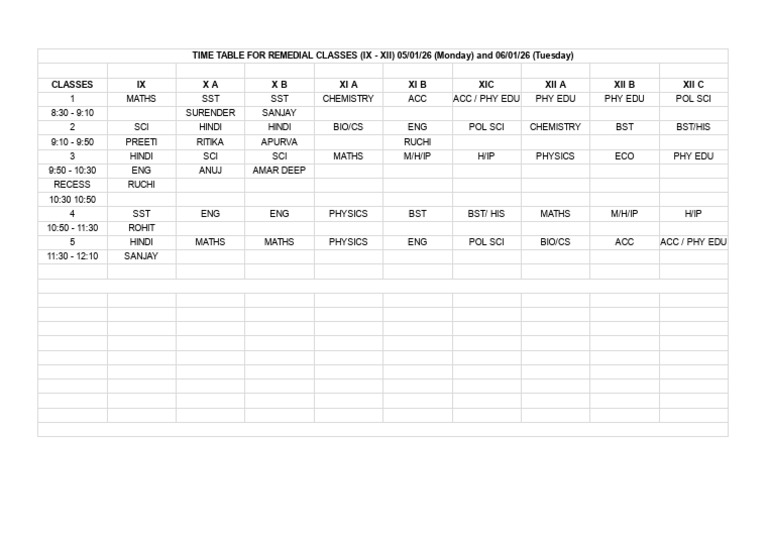 Time Table For 5 Nad 6 January 2026 | PDF
