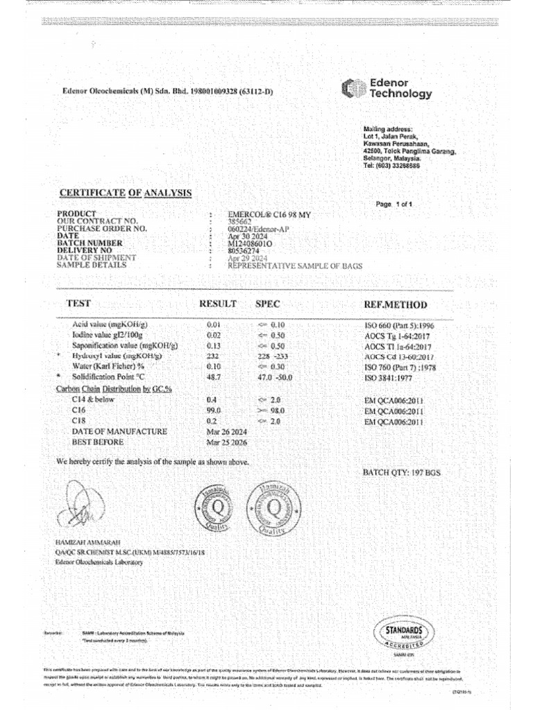 100.COA - Cetyl Emery - C16 98 - M12408601O | PDF