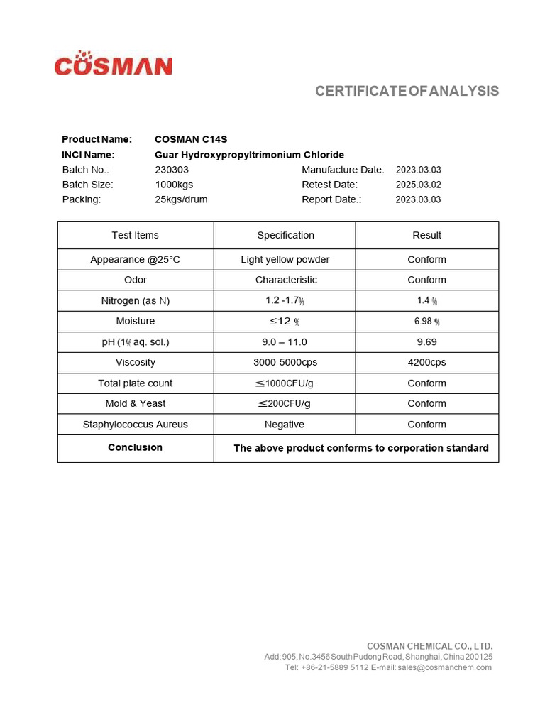 31.cosman C14S (Guar Hydroxypropyltrimonium Chloride) MSDS (New) | PDF