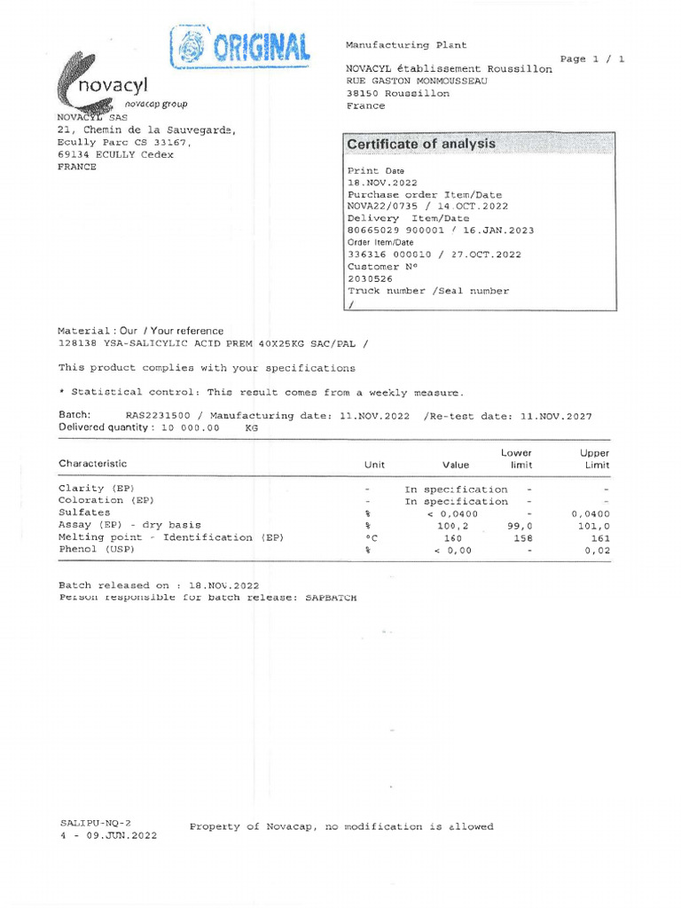COA Salicylic Acid | PDF