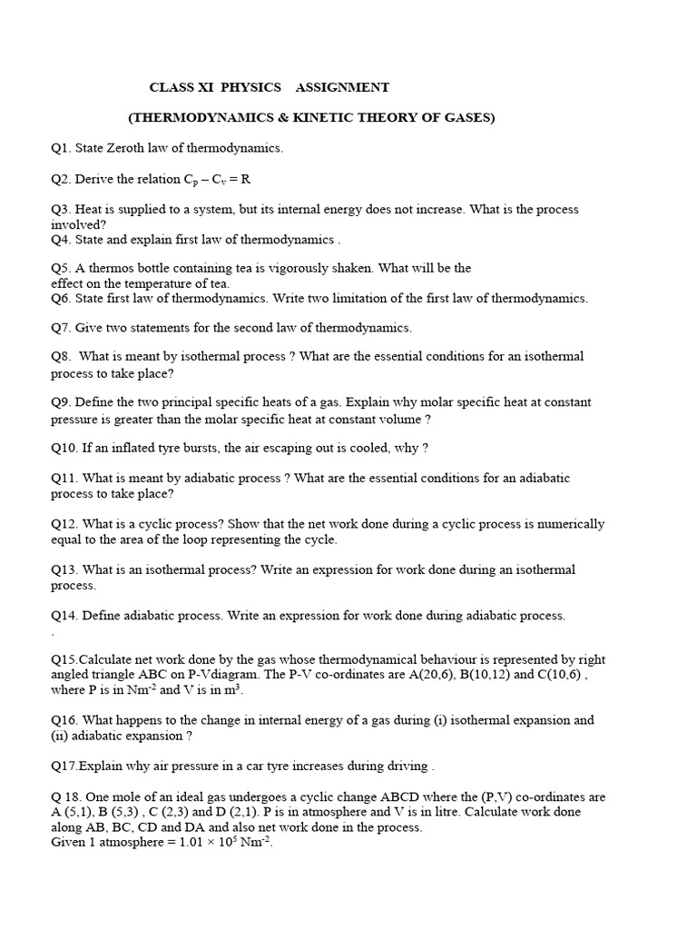 Class XI Physics: Thermodynamics Assignment | PDF | Gases | Heat