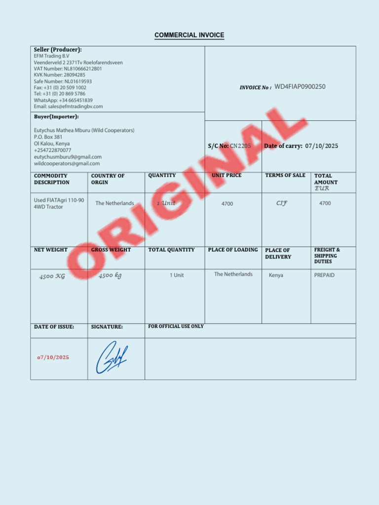 Commercial Invoice for Tractor Shipment | PDF