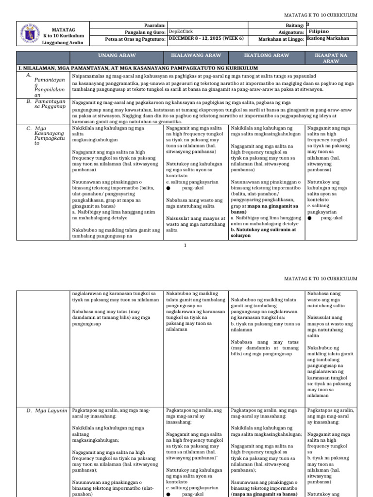 DLL Matatag - Filipino 3 - Q3 - W6 | PDF