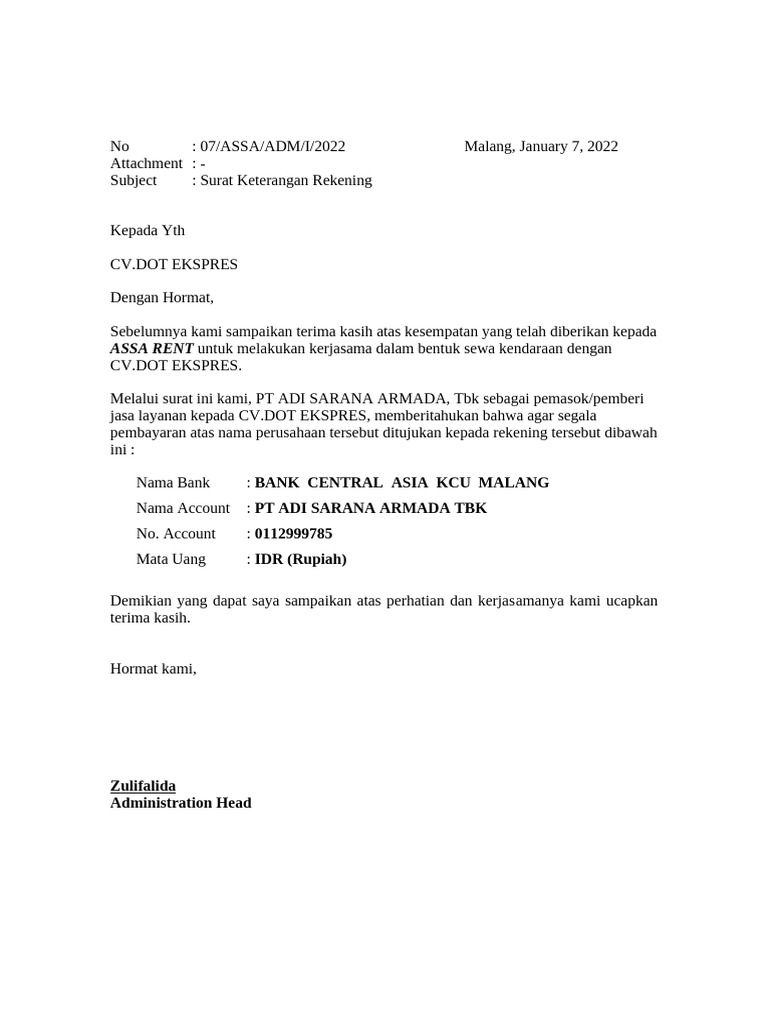 Surat Keterangan Rekening ASSA RENT | PDF