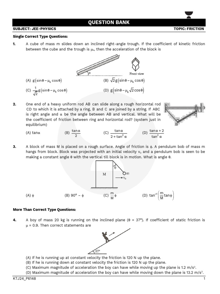 JEE Physics Question Bank on Friction | PDF | Force | Friction
