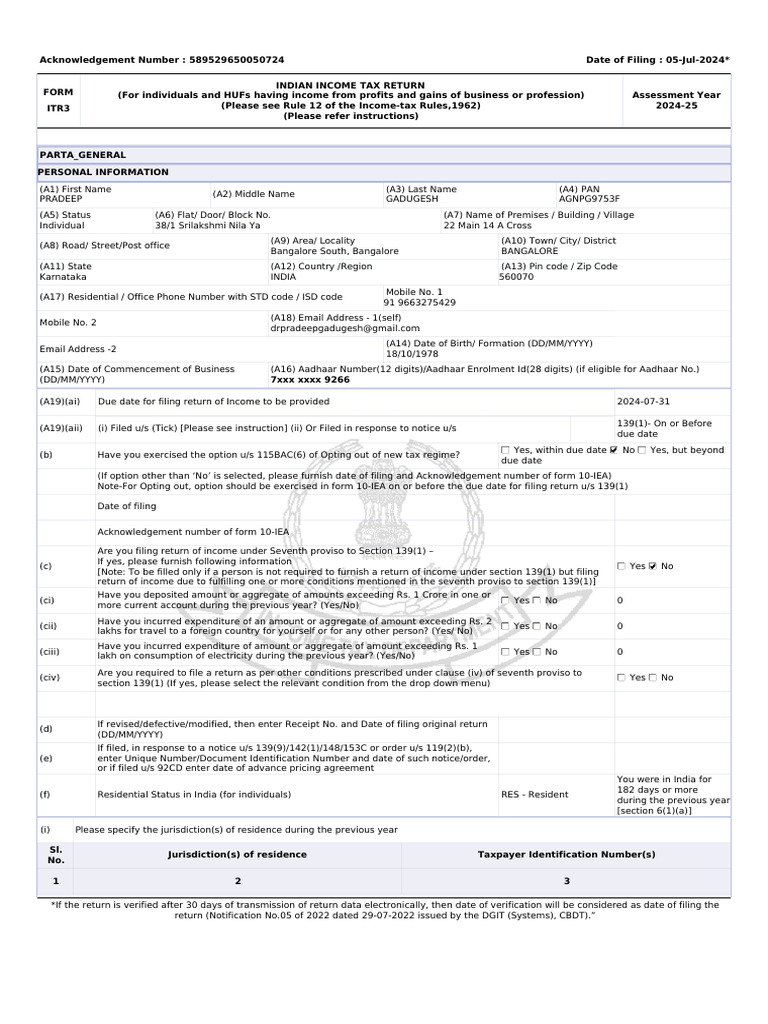 ITR Form - Pradeep Gadugesh - AY 24-25 | PDF | Payments | Income Statement