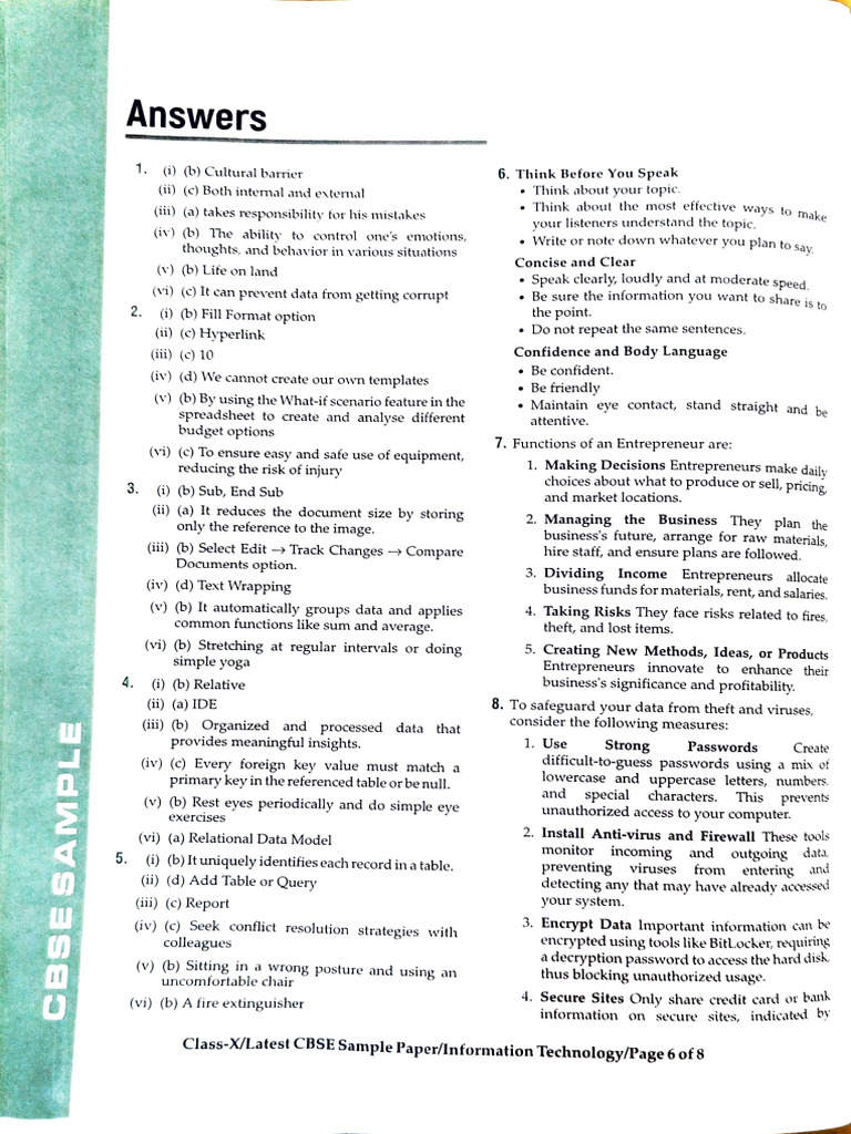 CBSE Class X IT Sample Paper Answers | PDF | Databases | Computing