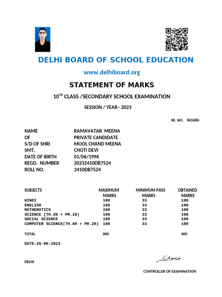 Dbse Markksheet Ramavatar | PDF