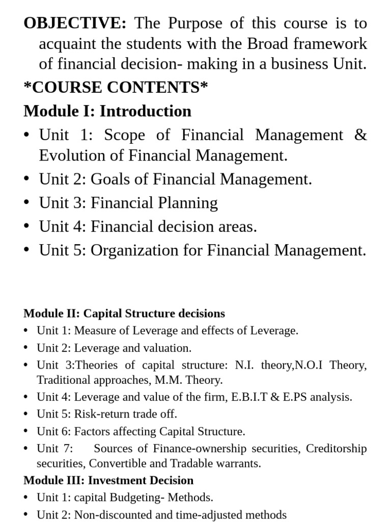 Financial Management Course Overview | PDF | Capital Structure | Cost ...