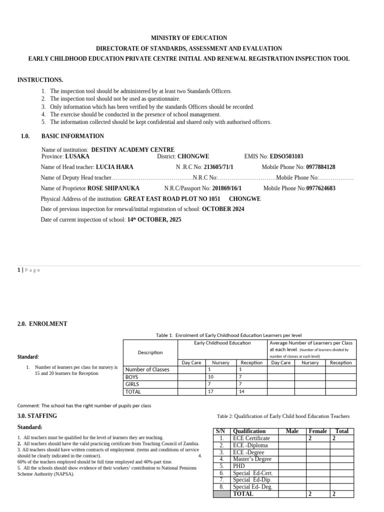 Early Childhood Education Inspection Tool | PDF | Curriculum | Teachers