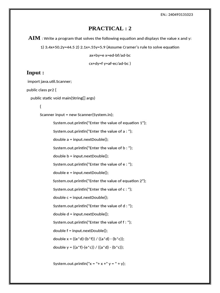 Java Program for Solving Linear Equations | PDF