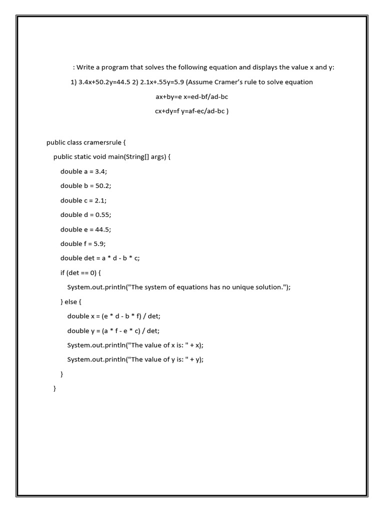 Cramer's Rule Equation Solver in Java | PDF
