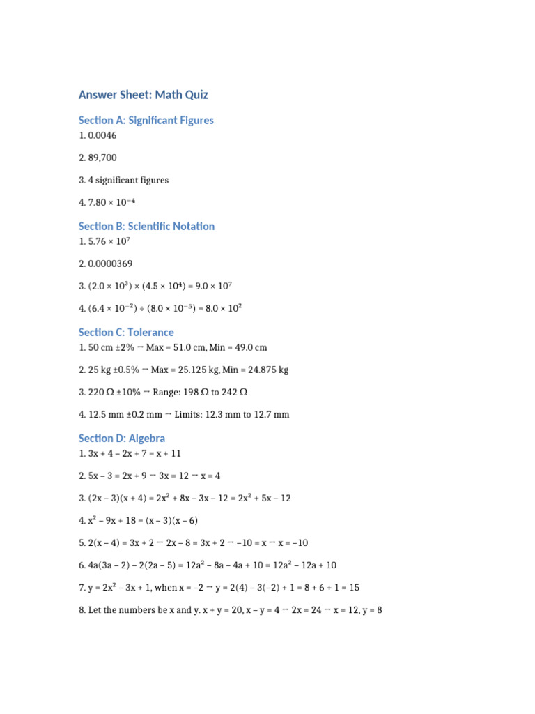 Math Quiz Answer Sheet | PDF