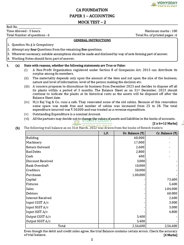CA Foundation Accounting Mock Test 2 | PDF | Expense | Book Value