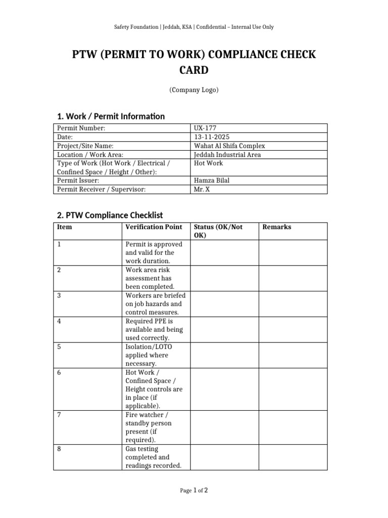 PTW Compliance Checklist for Hot Work | PDF | Audit | Working Conditions