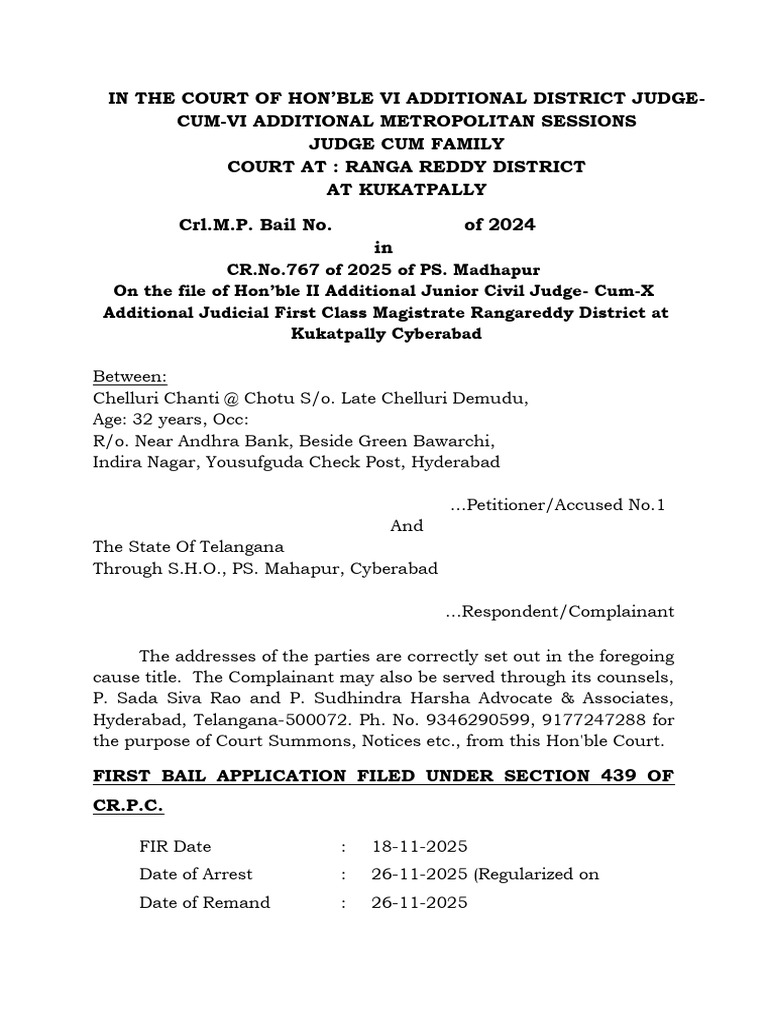 Bail Application in Madhapur Case 2025 | PDF | Arrest | Bail