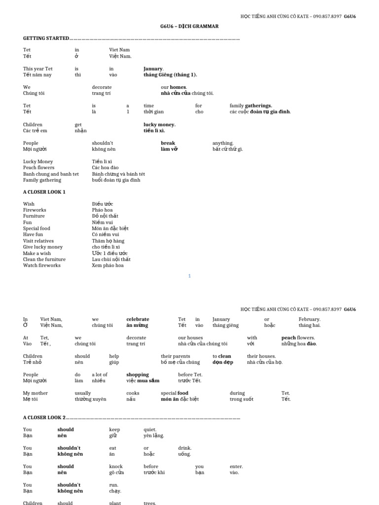 G6U6 GRAMMAR - Dịch Đáp Án DONE | PDF