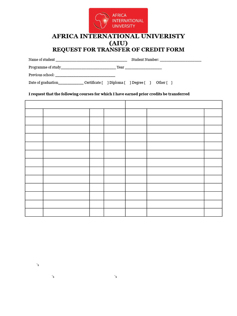 Transfer of Credit Form | PDF