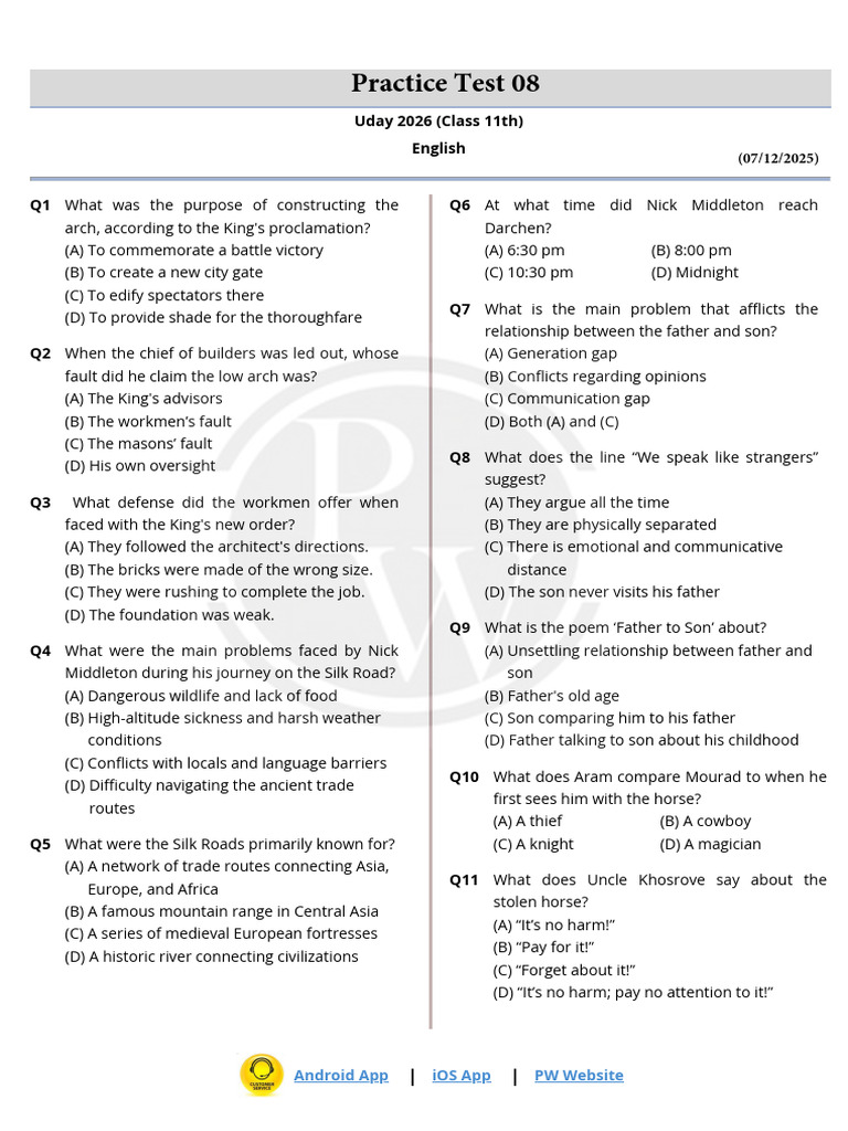 Class 11 English Practice Test 08 | PDF