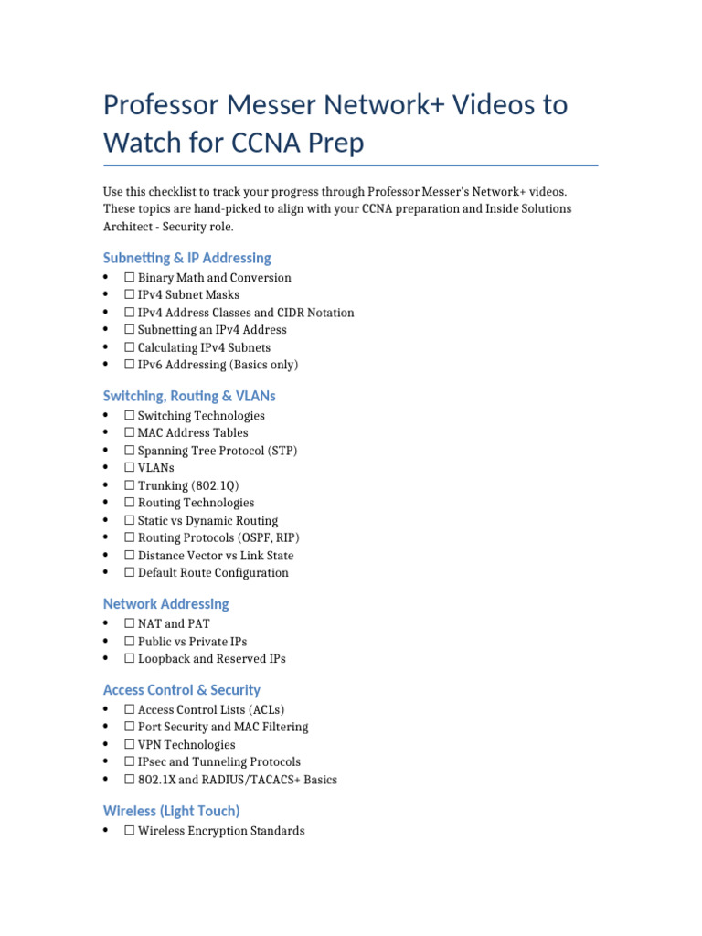 CCNA Prep: Professor Messer's Network+ Checklist | PDF