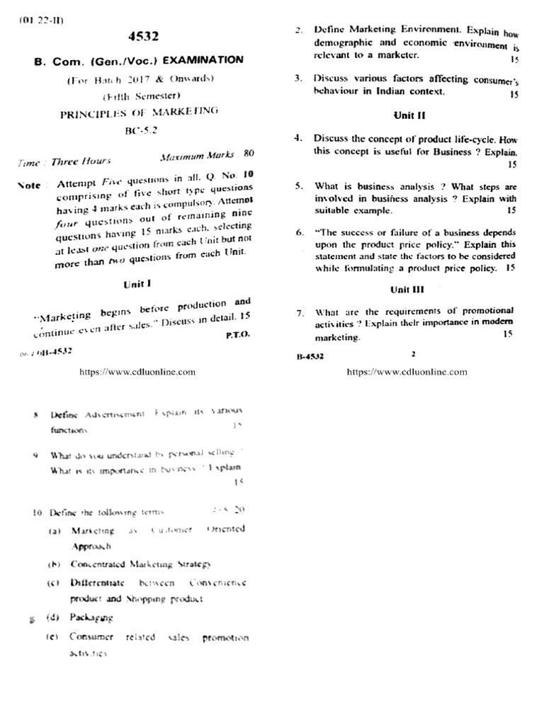 Bcom 5 Sem Principles of Marketing 4532 Jan 2022 | PDF
