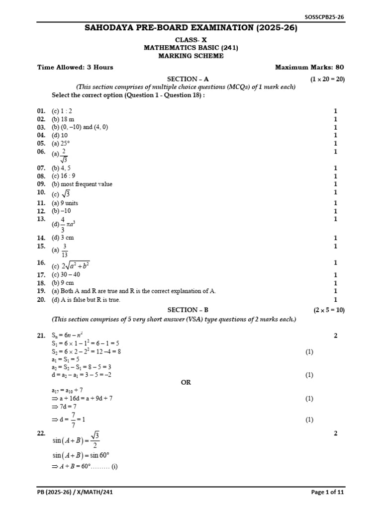Class X Mathematics Pre-Board Marking Scheme | PDF | Multiple Choice ...