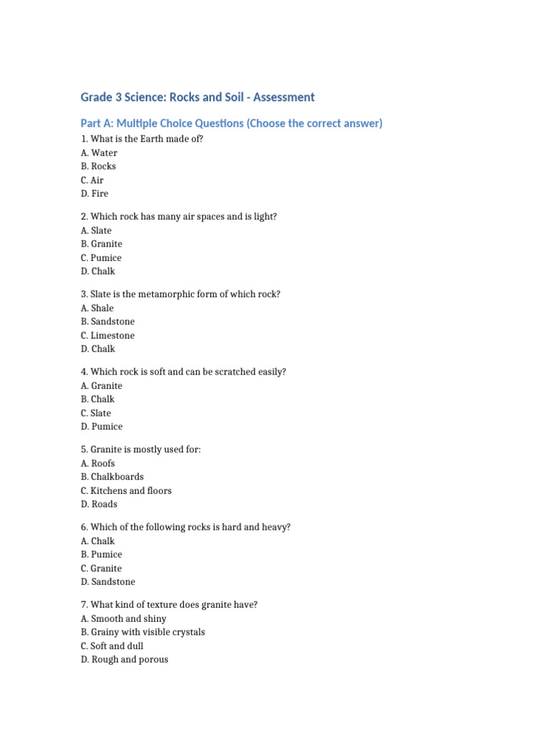 Rocks and Soil Grade3 Assessment | PDF | Rock (Geology) | Sedimentary Rock