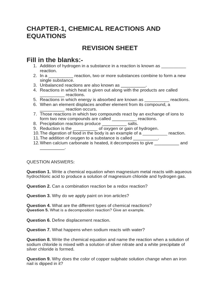 Chemical Reactions and Equations Guide | PDF | Chemical Reactions ...