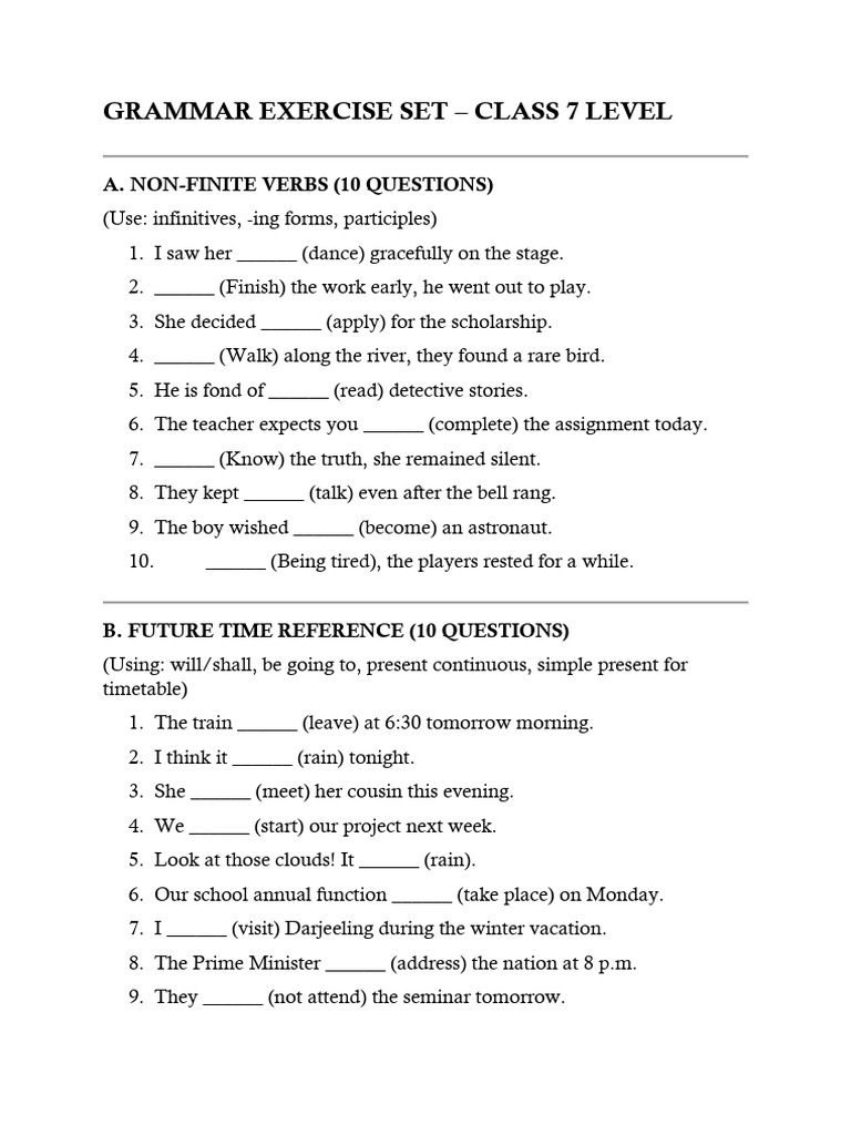 Class 7 Grammar Exercise Set | PDF | Adverb | Syntax