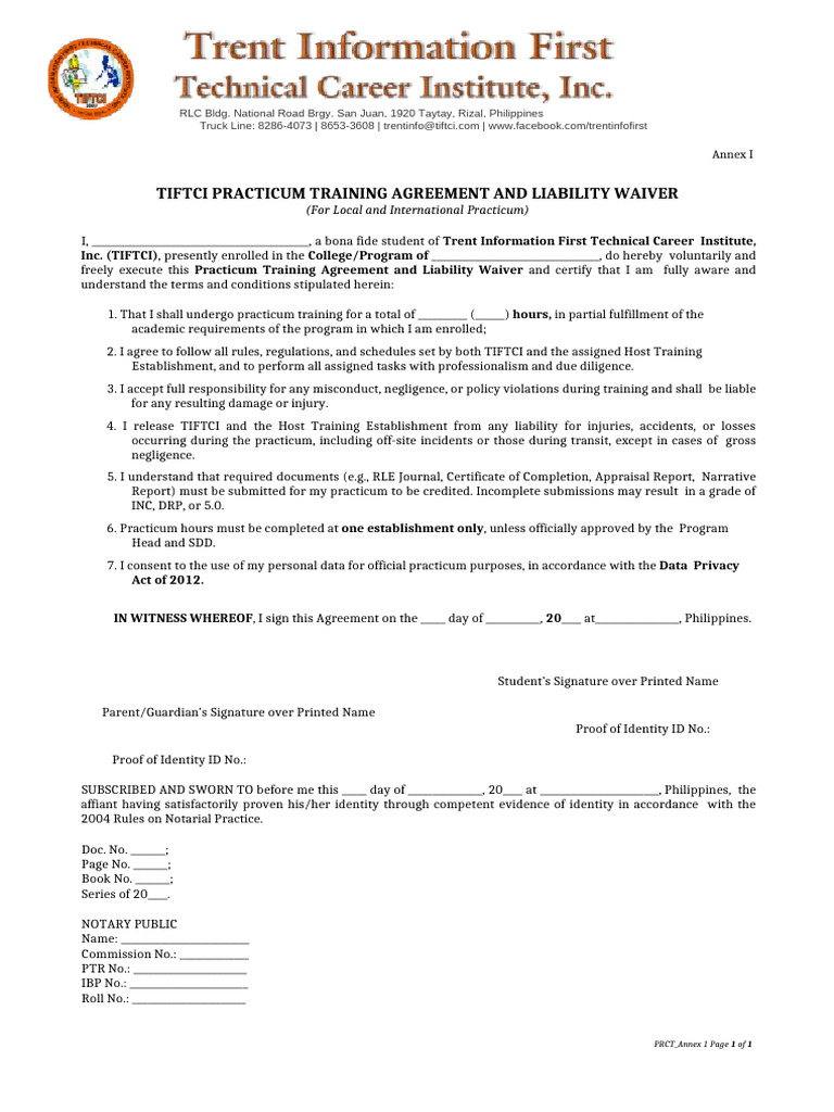 PRCT - Annex-I - Tiftci Practicum Training Agreement and Liability ...