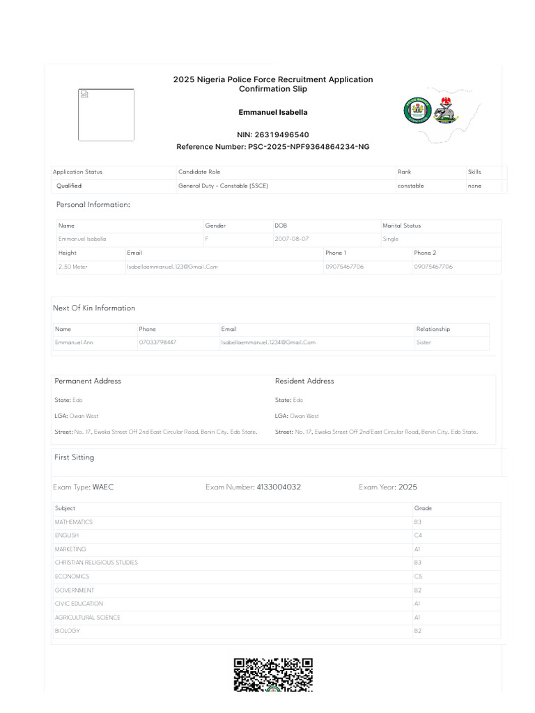Nigeria Police Recruitment Confirmation Slip | PDF