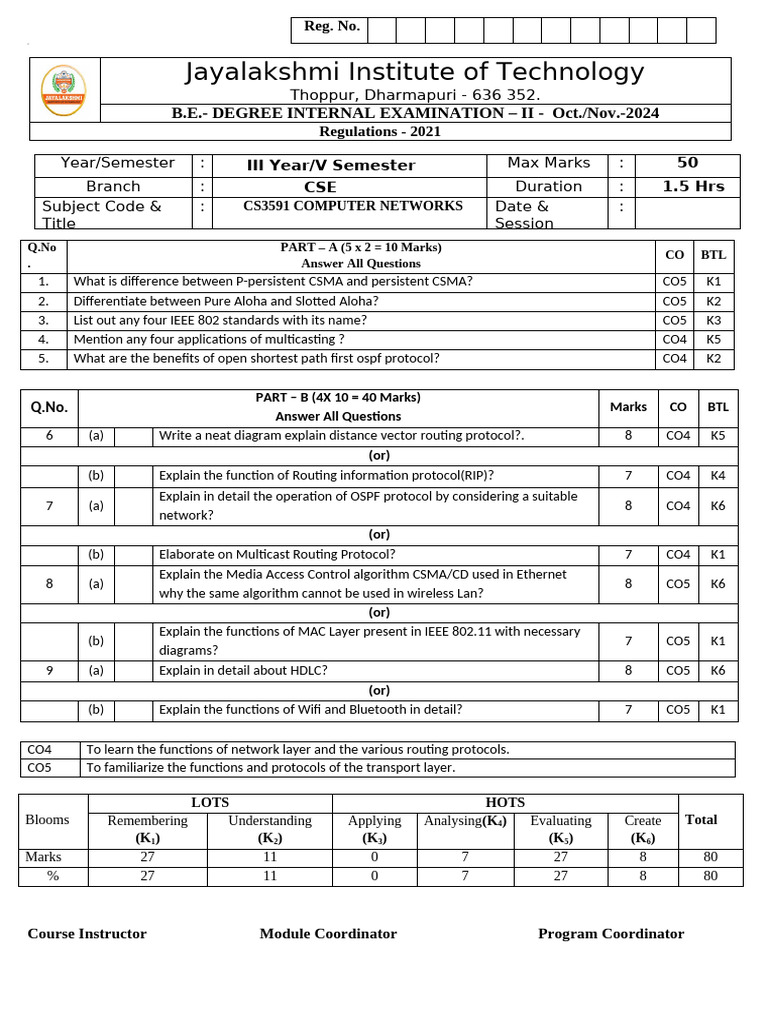 CSE 3rd Year Computer Networks Exam | PDF | Computer Network | Routing