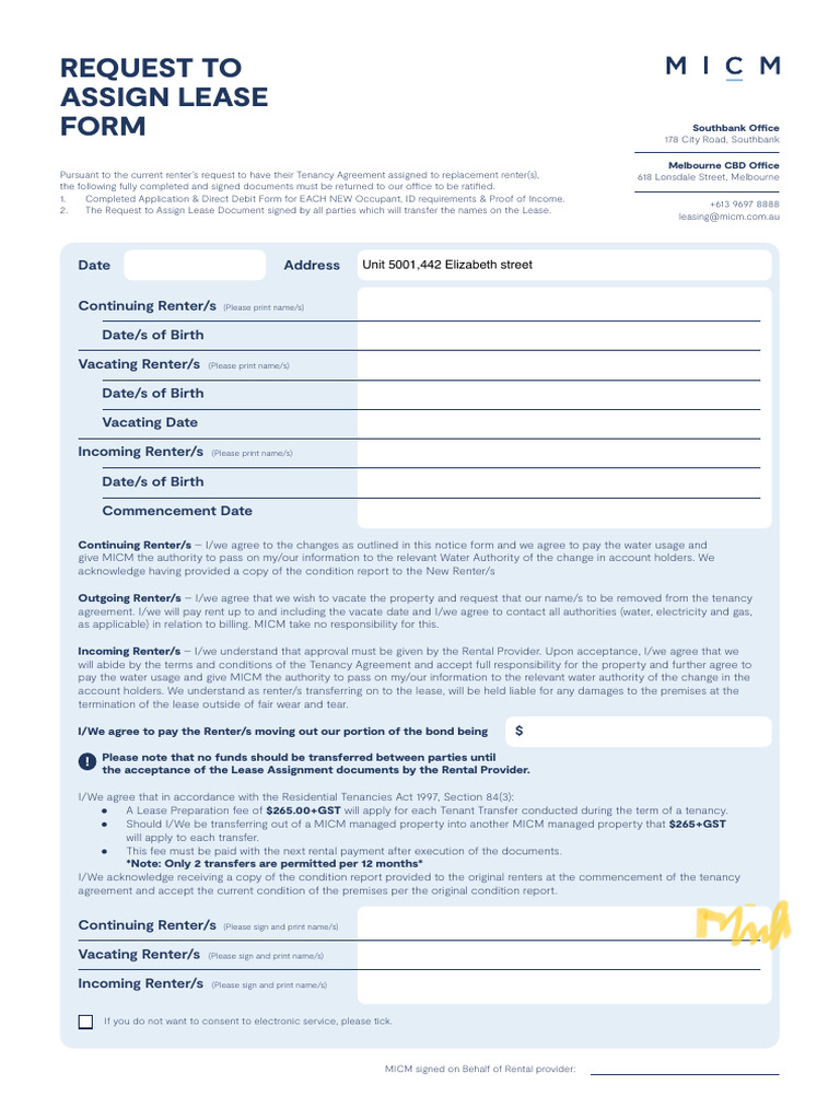 Lease Assignment Request Form | PDF | Lease | Renting