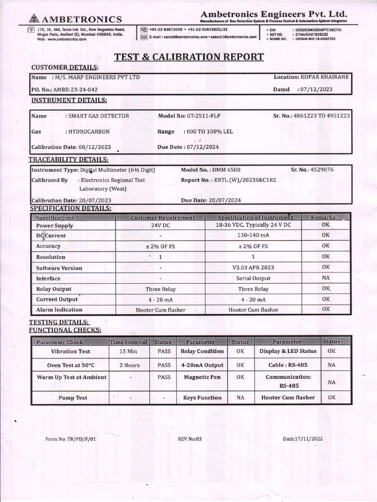 Ambetronics Test Gas Certificate | PDF