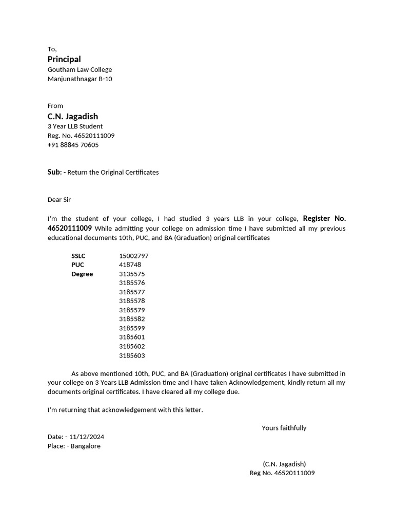 Request for Return of Original Certificates | PDF