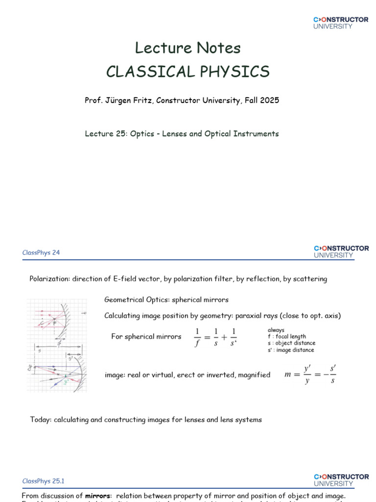 ClassPhys F2025 L25 Lenses | PDF | Optics | Electromagnetic Radiation