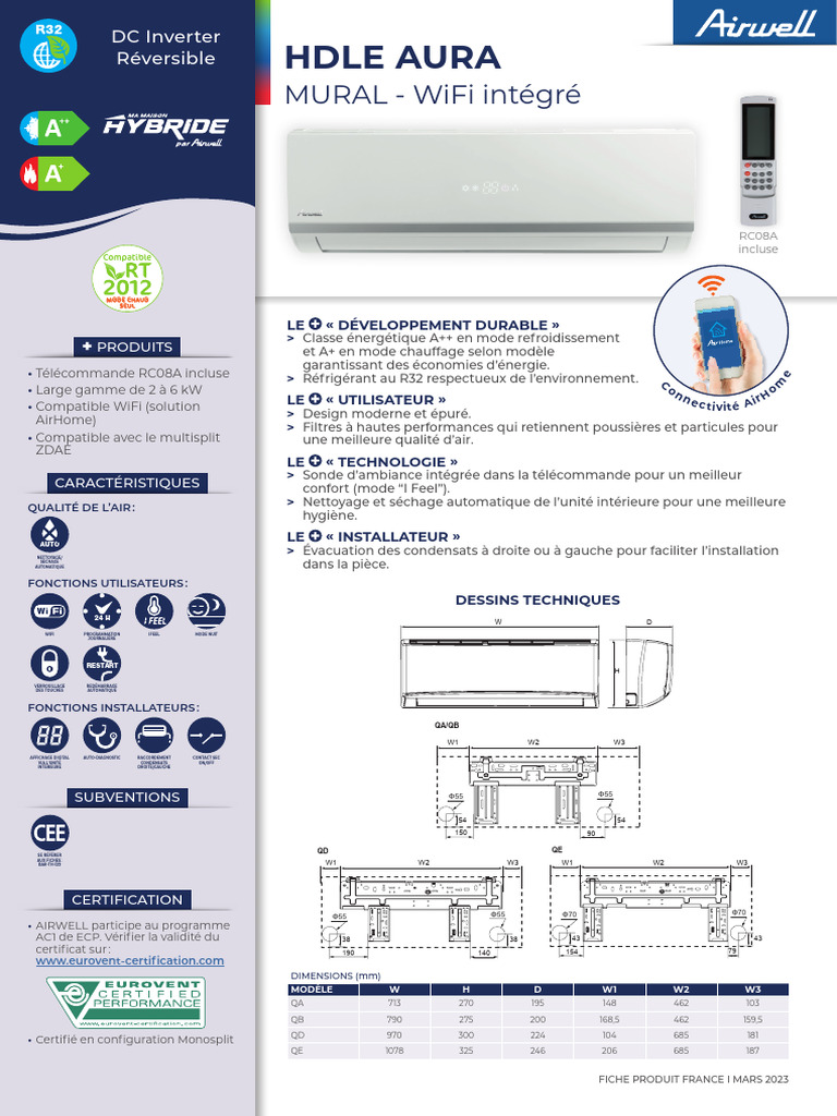 Climatiseur HDLE Aura : WiFi et Éco-Efficacité | PDF | Grandeur ...
